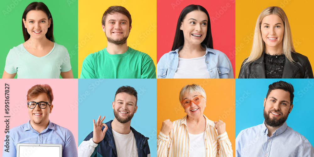 Collection of positive people on color background