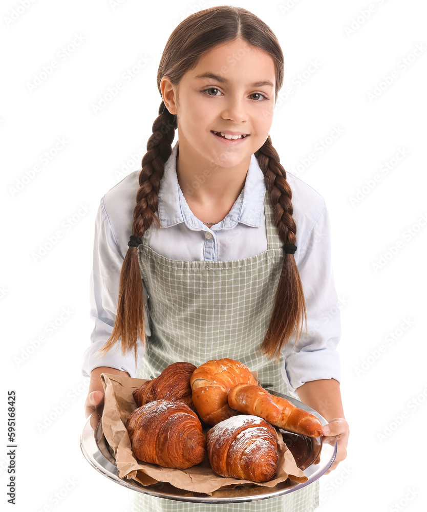 Little baker with tray of tasty croissants on white background