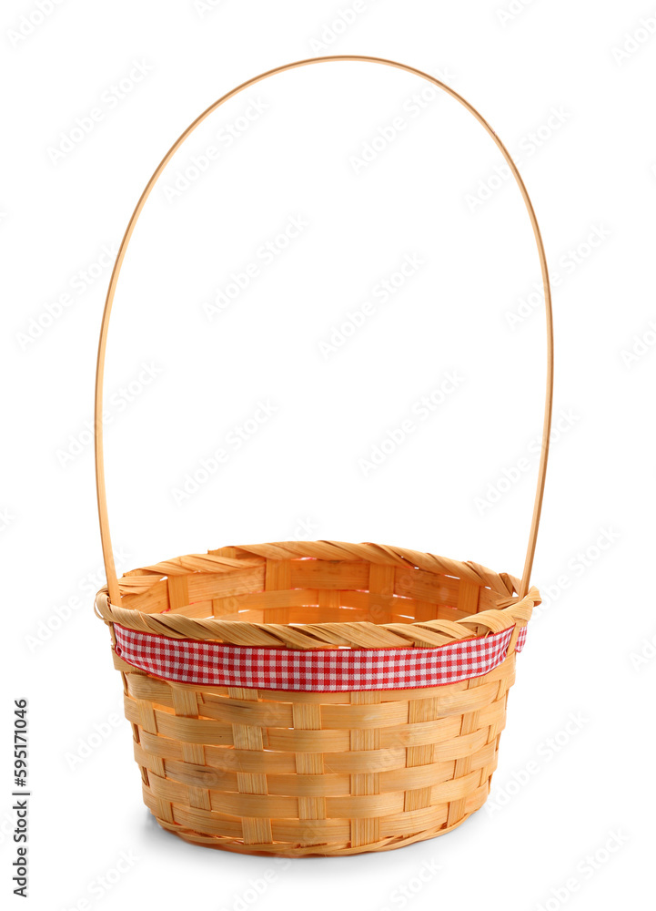 Stylish wicker basket on white background