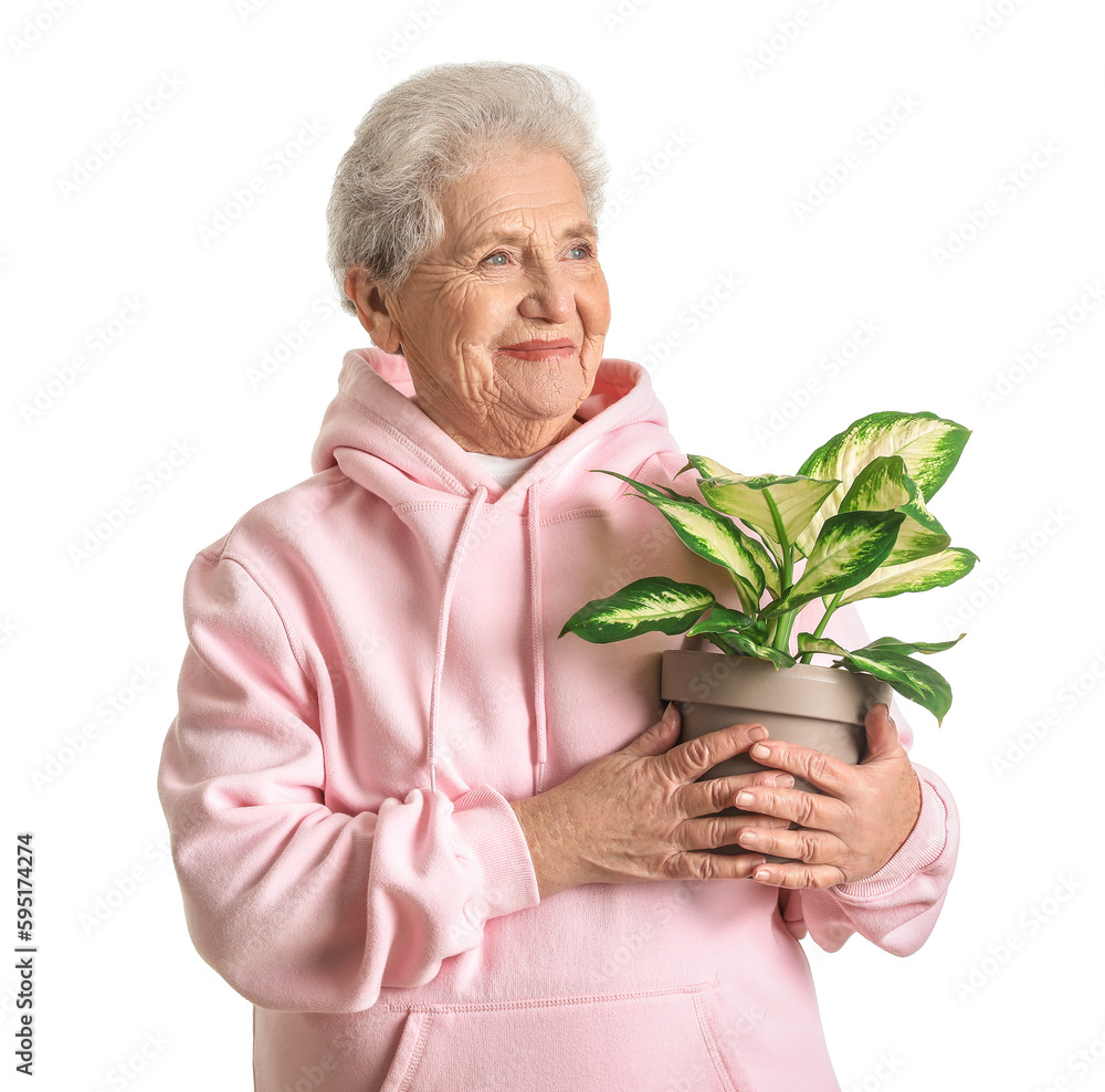 Senior woman with houseplant on white background