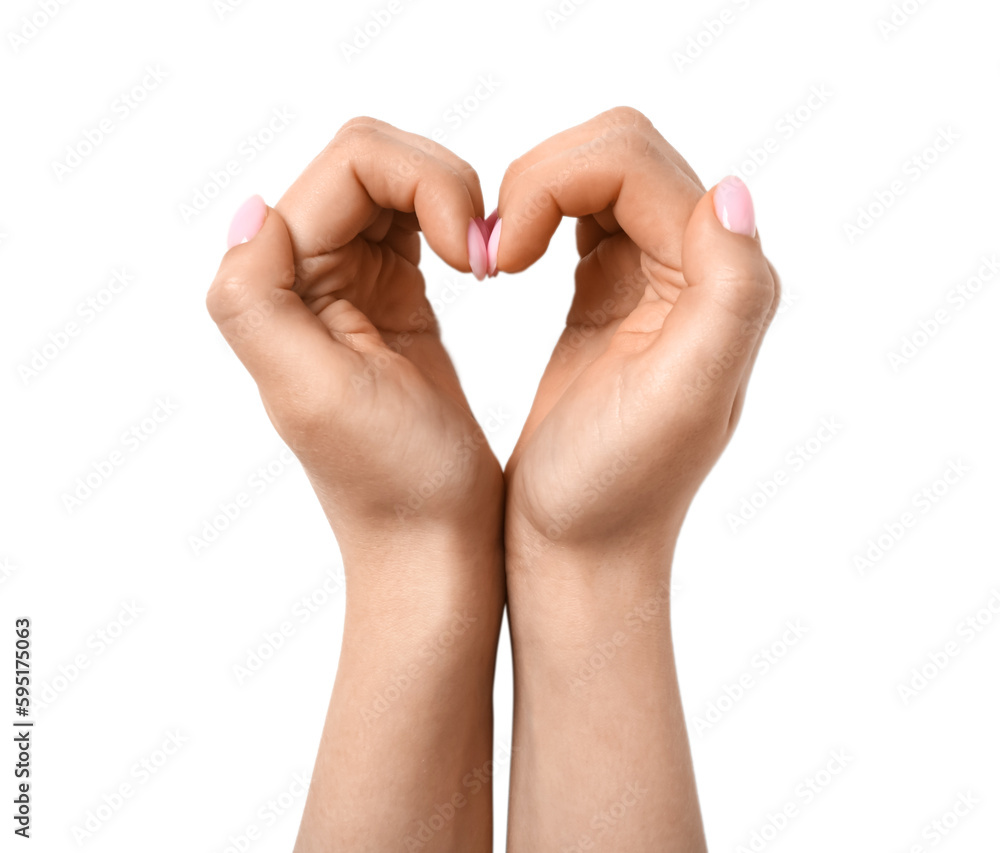 Woman making heart with her hands on white background