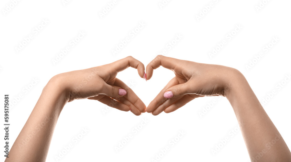 Woman making heart with her hands on white background