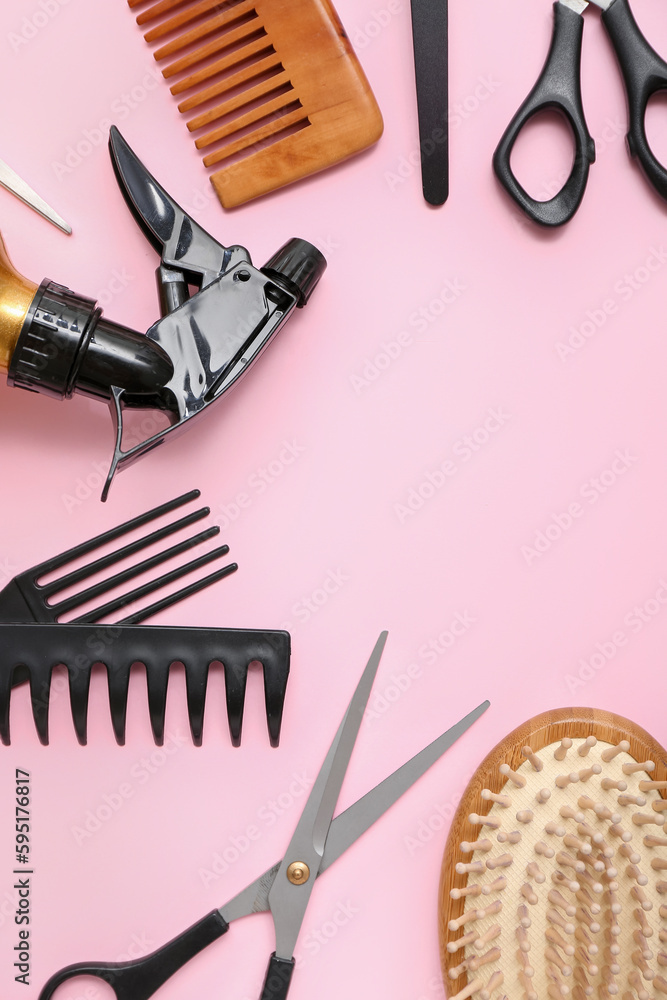 Frame made of hairdressing accessories on pink background