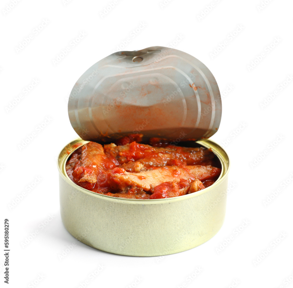 Opened tin can with fish in tomato sauce isolated on white background