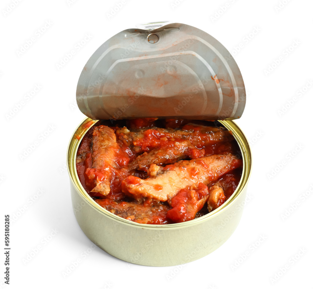 Opened tin can with fish in tomato sauce isolated on white background