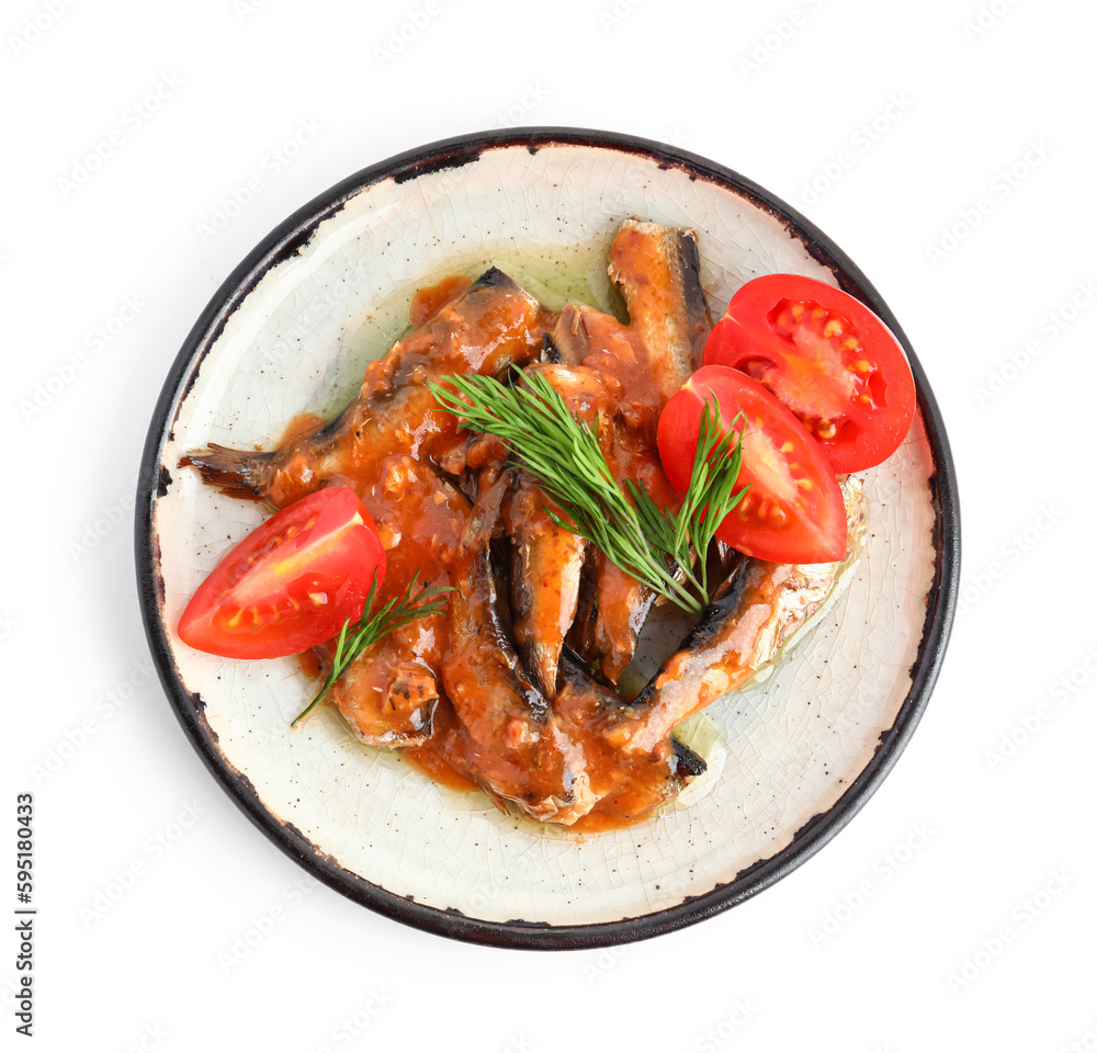 Plate with canned fish in tomato sauce isolated on white background