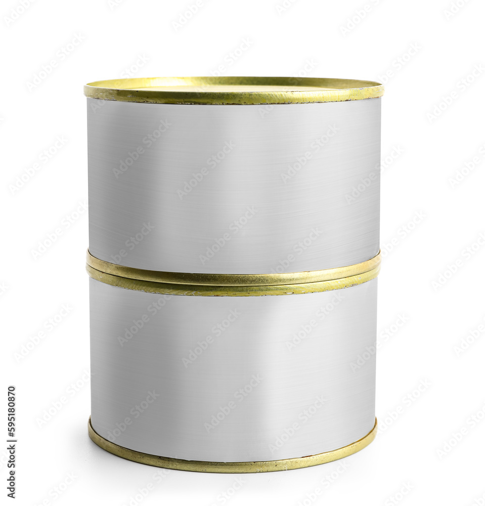 Tin cans with fish isolated on white background