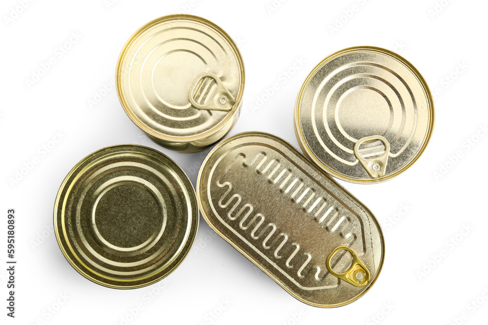 Tin cans with fish isolated on white background