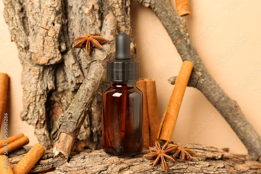 Bottle of essential oil with cinnamon sticks, anise and tree barks on table near beige wall