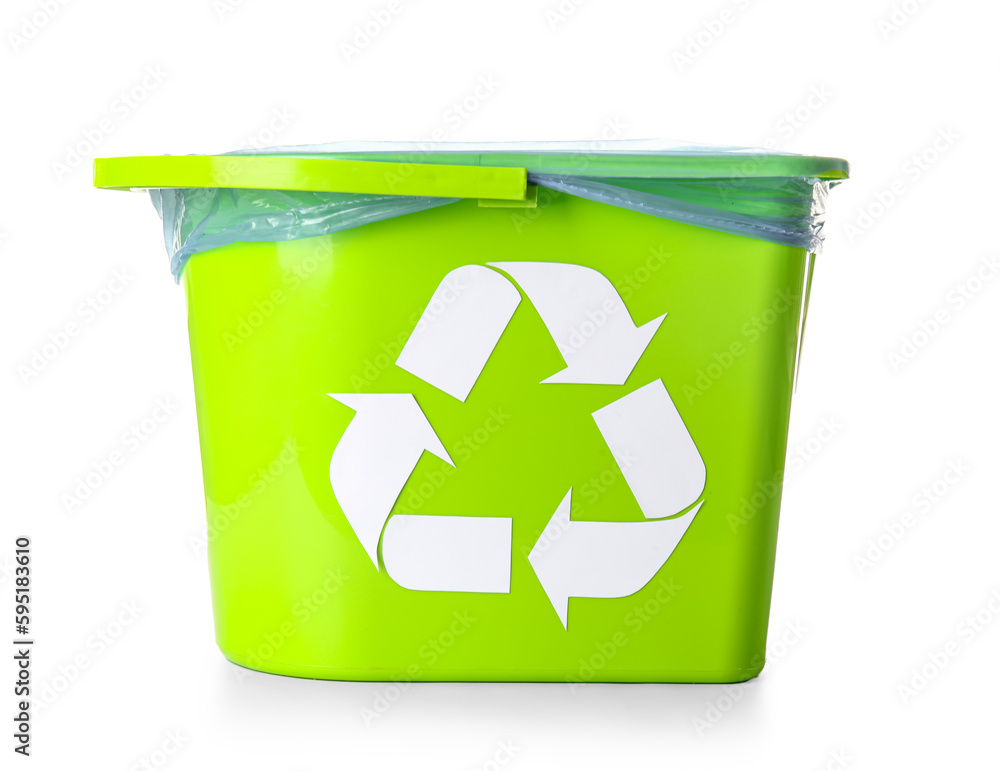 Trash bin with recycling symbol isolated on white background