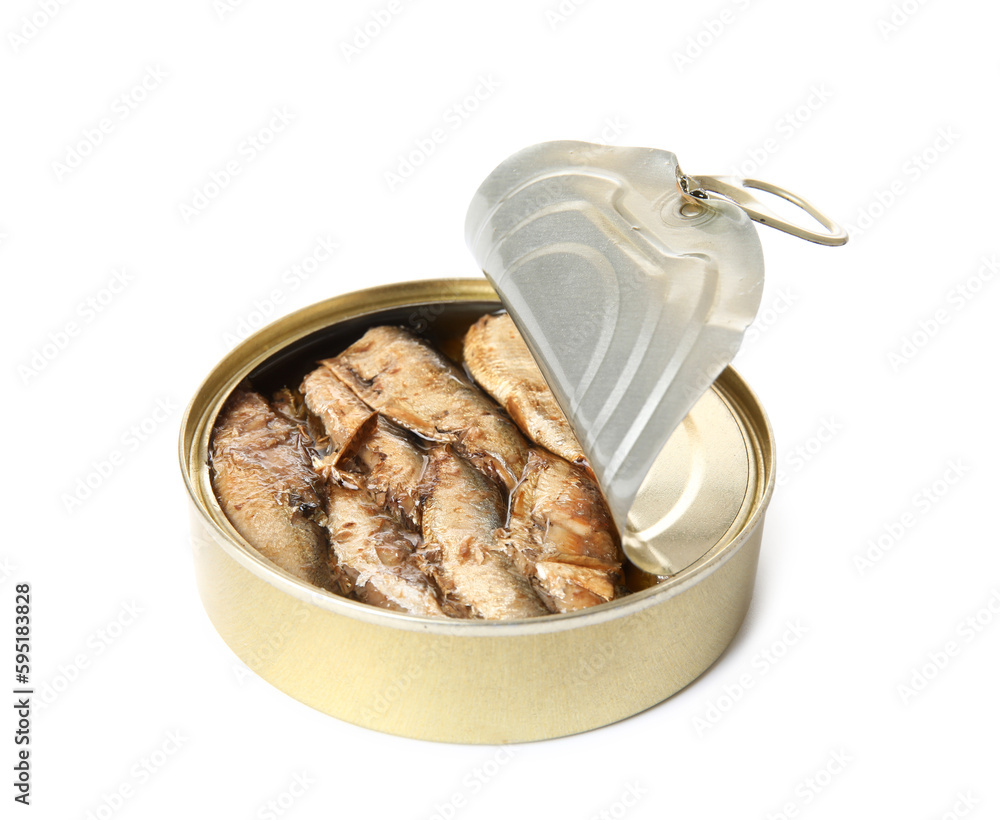 Opened tin can with sprats in oil isolated on white background