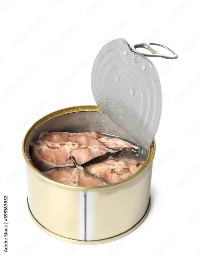 Opened tin can with fish isolated on white background