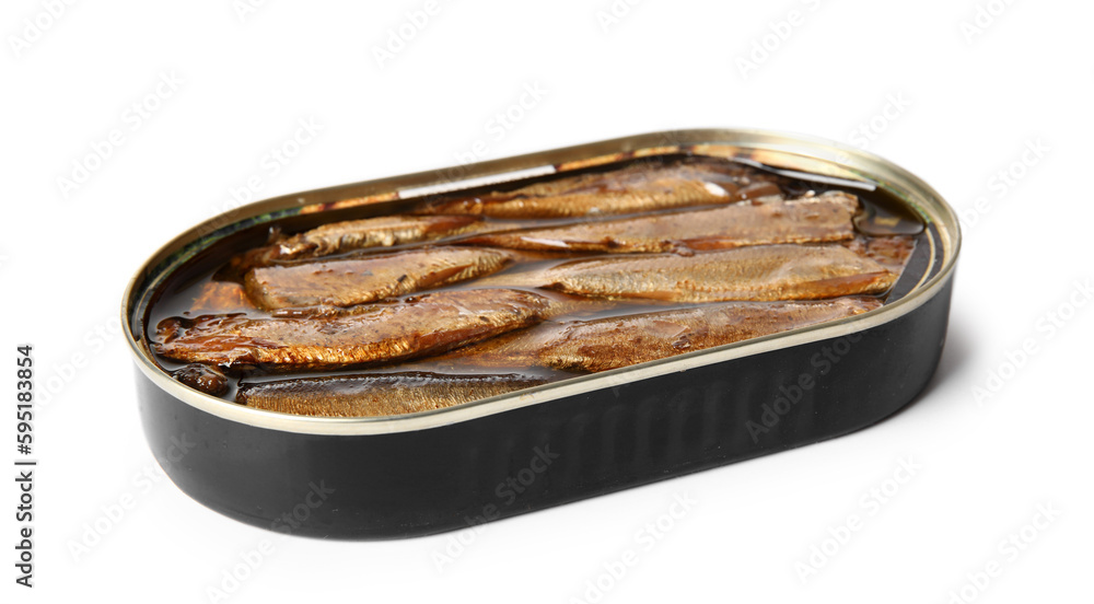 Opened tin can with sprats in oil isolated on white background