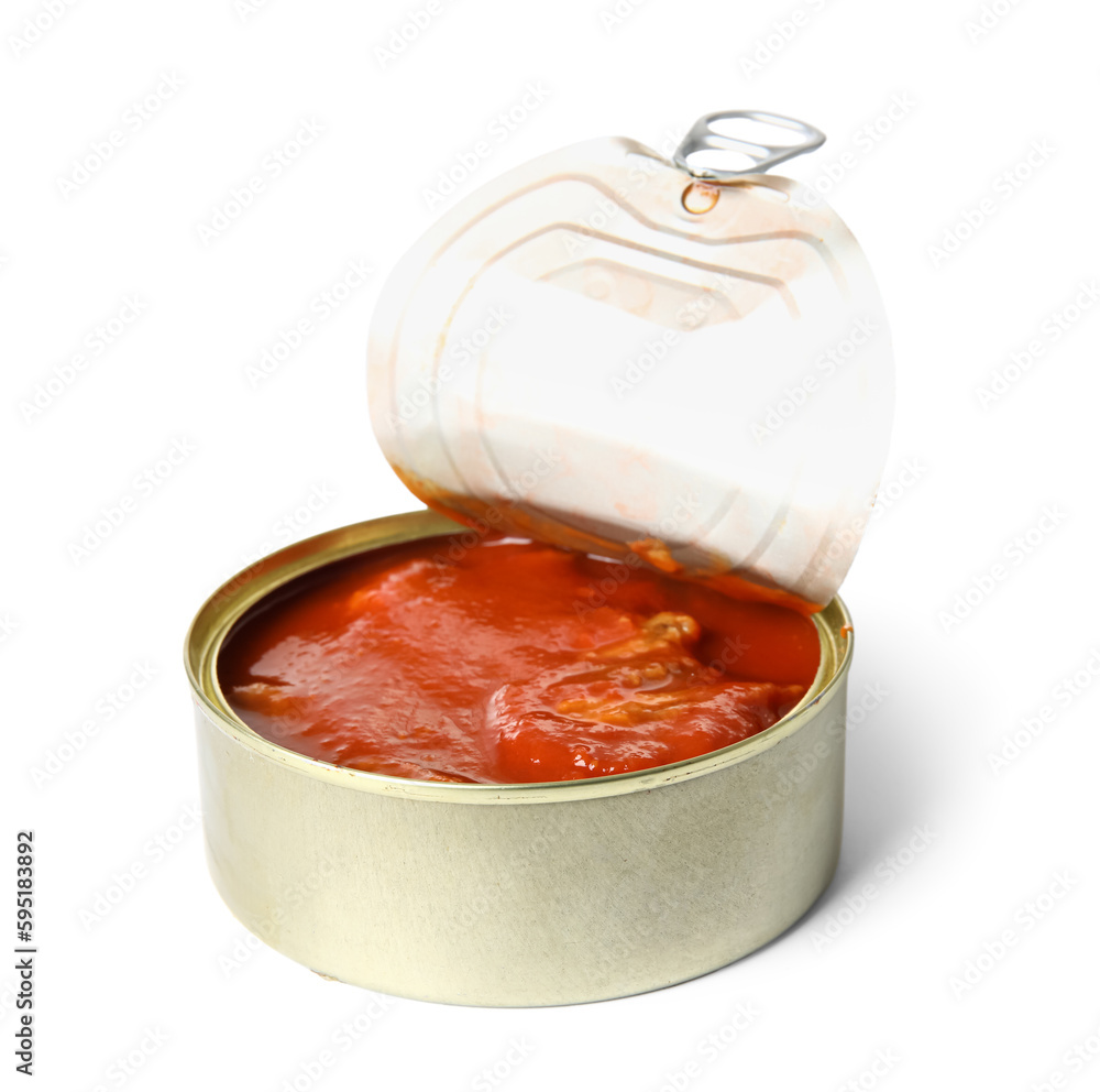 Opened tin can with fish in tomato sauce isolated on white background