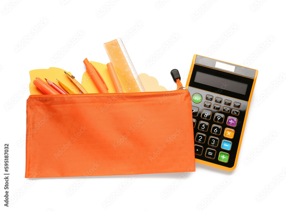 Calculator and stationery supplies on white background