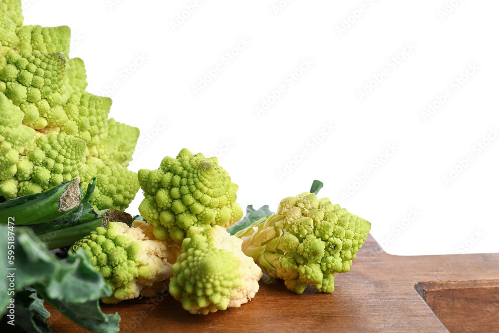 Wooden board with romanesco cabbage on white background