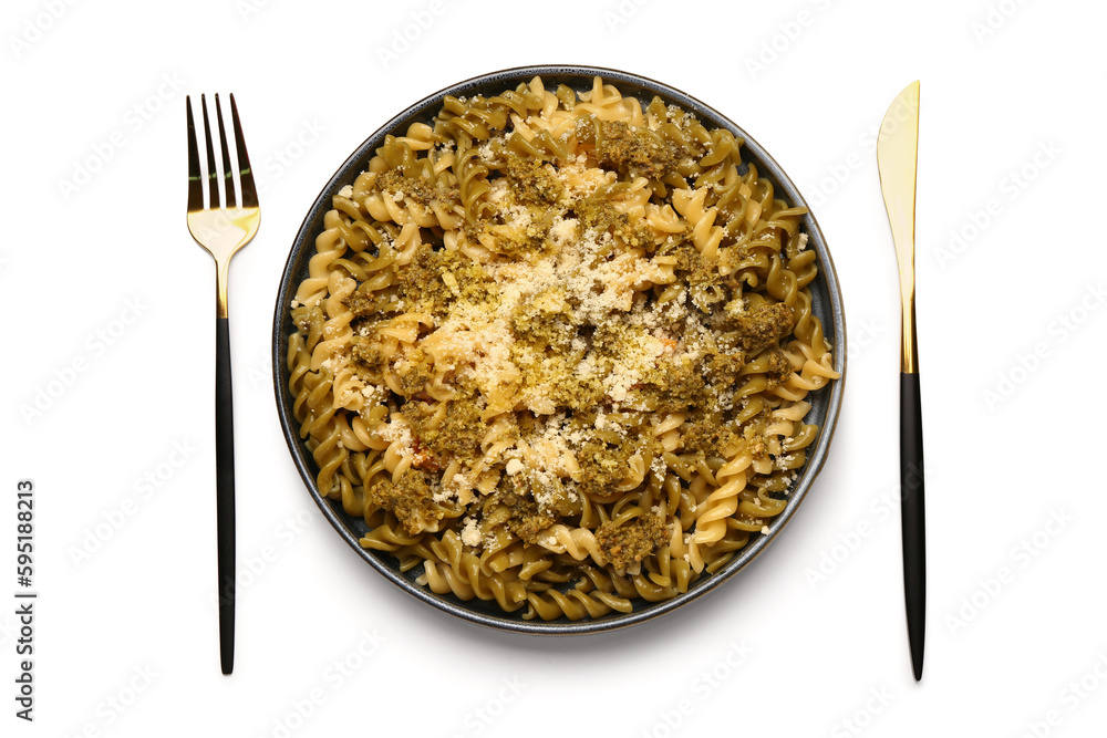 Plate of tasty Italian pasta with Parmesan cheese on white background