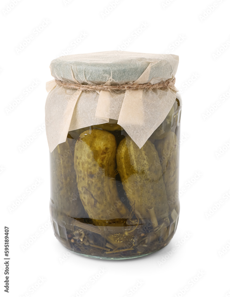 Jar with tasty fermented cucumbers on white background