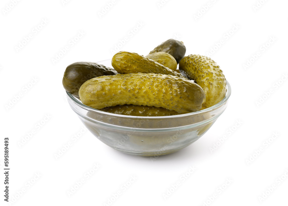 Bowl with tasty fermented cucumbers on white background