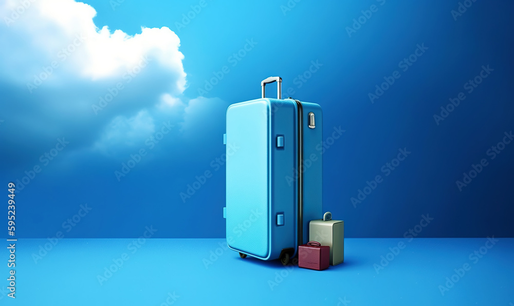 Blue travel suitcase with wheels, on blue background with clouds. Trip concept. Generative AI