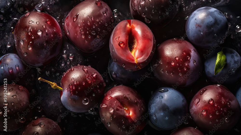 Fresh ripe plums with water drops background. Fruits backdrop. Generative AI