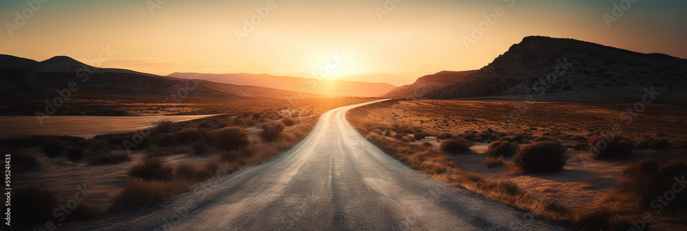 Road to horizon in desert landscape on sunset. Travel concept. Generative AI