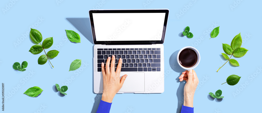 Person using a laptop computer with green leaves - flat lay