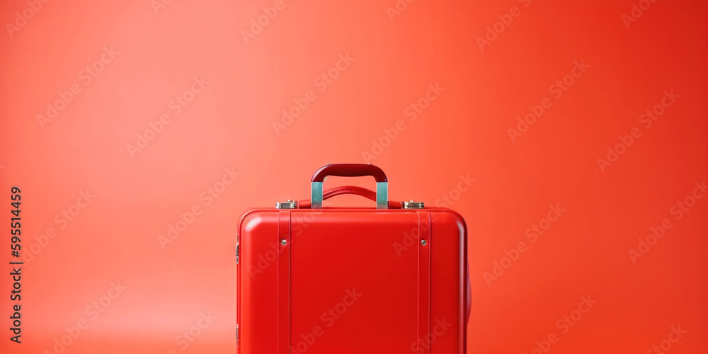 Red travel suitcase, on red background. Trip concept. Generative AI