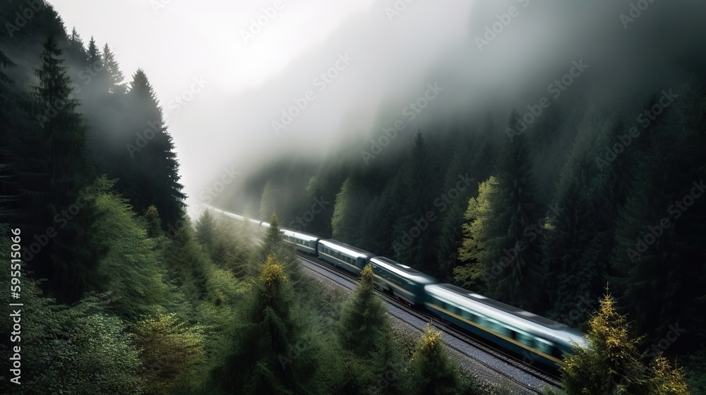 Speed passenger train moving in the mist mountains covered with forest. Generative AI