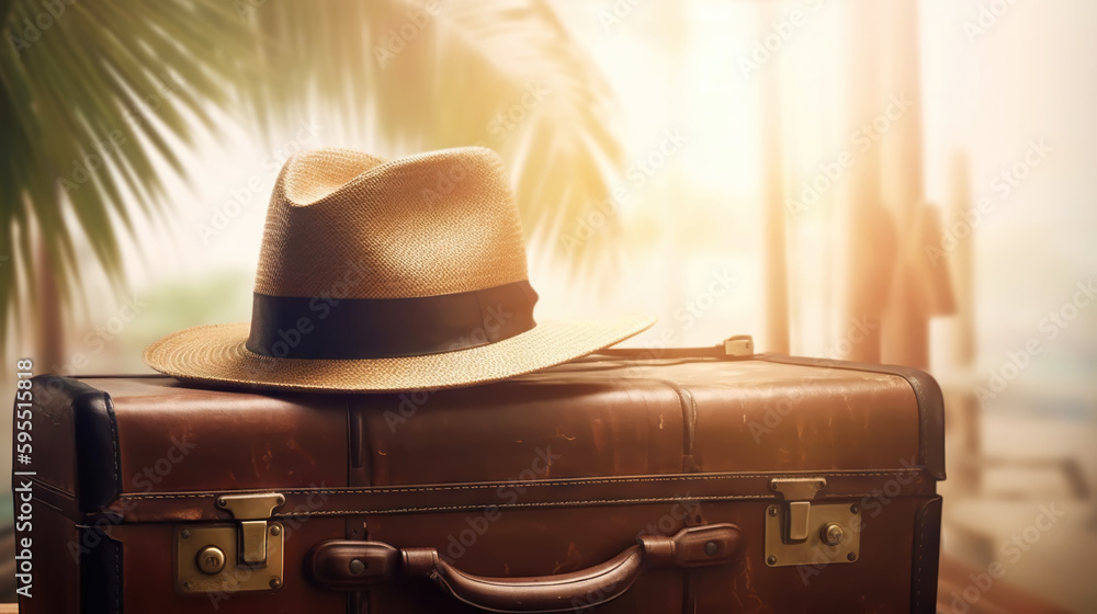 Suitcase, hat and accessories on the wooden floor with a sea background. Travel concept. Generative 