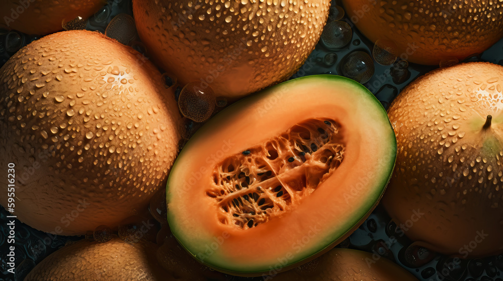 Fresh ripe cantaloupes with water drops background. Fruits backdrop. Generative AI