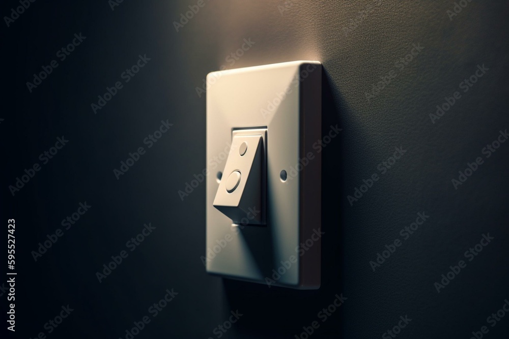 A 3D render of a white light switch with one button turned on, mounted on a grey wall. Generative AI