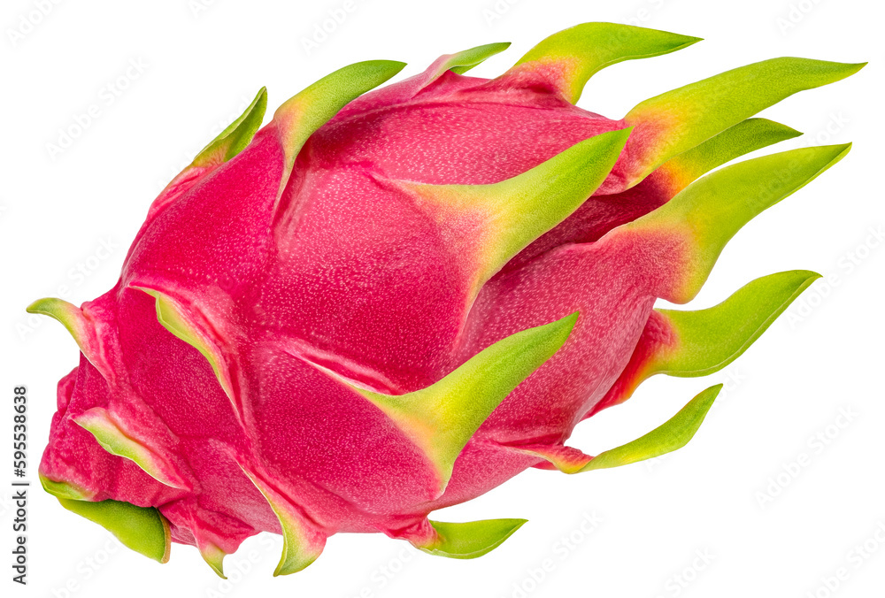 One whole dragon fruit isolated on white background, full depth of field