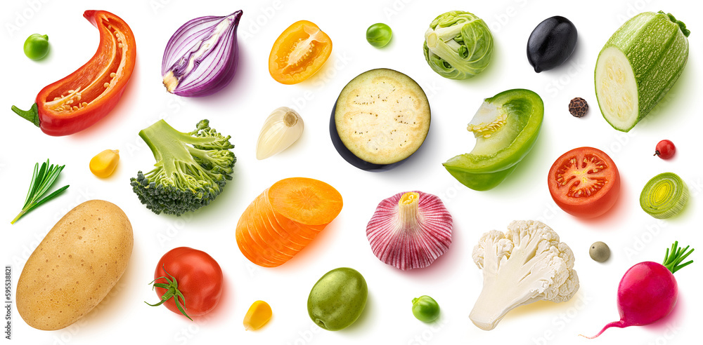 Vegetable assortment, isolated on white background, flat lay, top view. Creative layout. Healthy foo