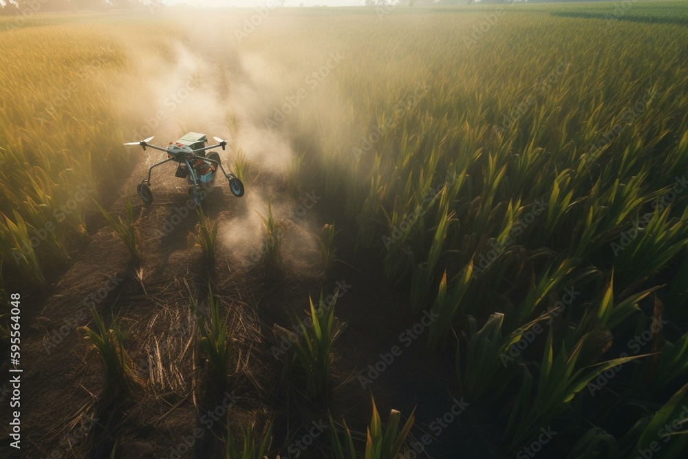 A drone fertilizing sugar cane farm from the air, rendered in 3D. Generative AI