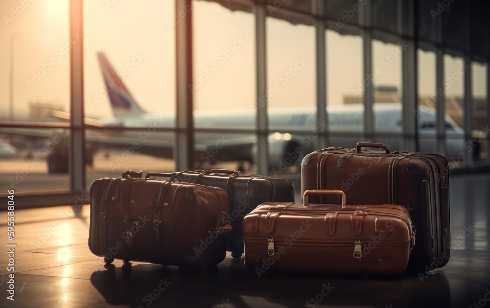 Travel departure, airport with luggage suitcases and airplane in the background