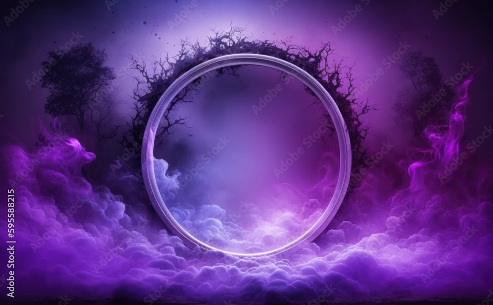 Neon circle frame with smoke cloud, glowing gradient ring with colorful fog and double border