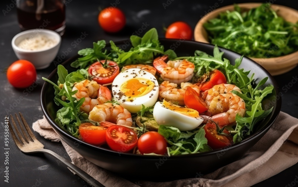 Breakfast, snack bowl  cherry tomatoes, arugula  salad with boiled egg and fried shrimp