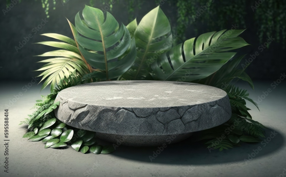 Close up of round empty rock table with sunlight with tropical leaves plants, mockup