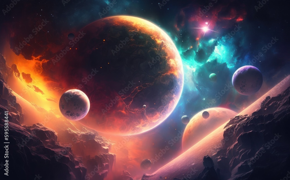 Colorful space background with planets and stars,  painting style