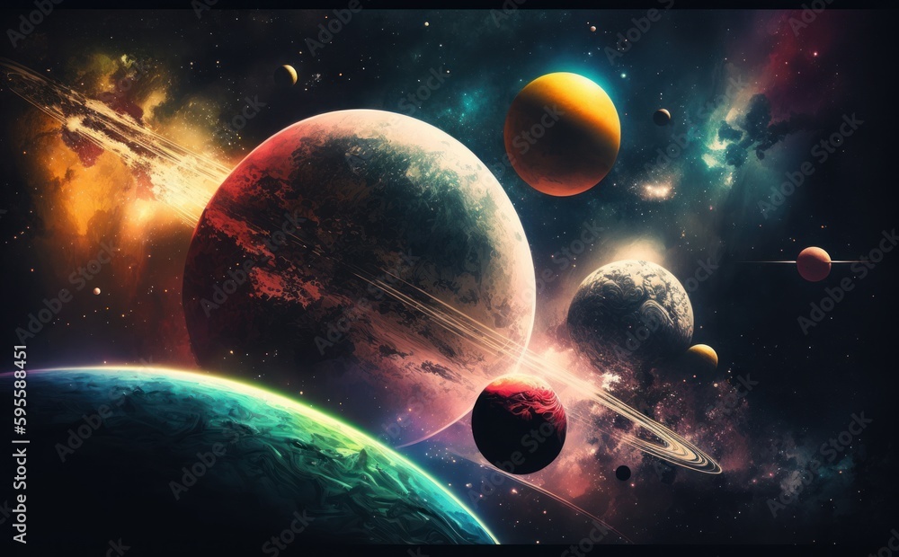 Colorful space background with planets and stars,  painting style