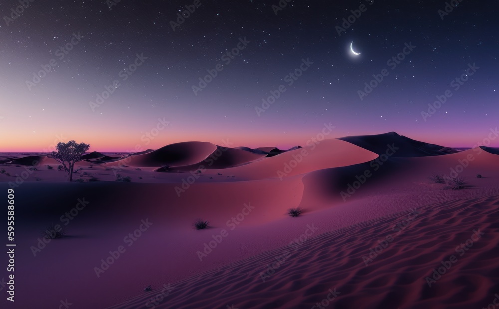 Desert Landscape with Sand Dunes and Pink Gradient Starry Sky