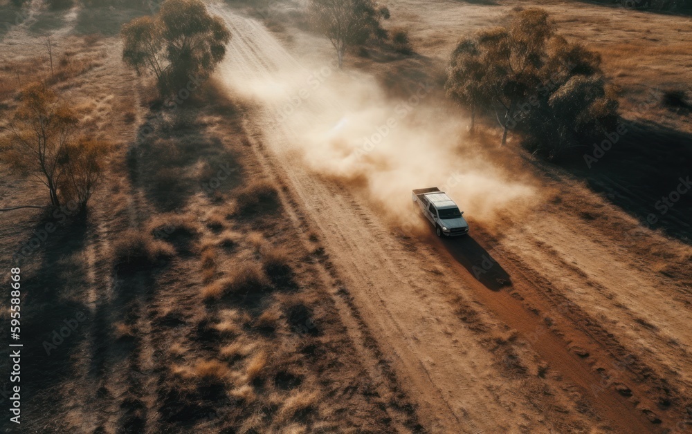 Dusty trace behind a car speeding across the gravel road, drone view