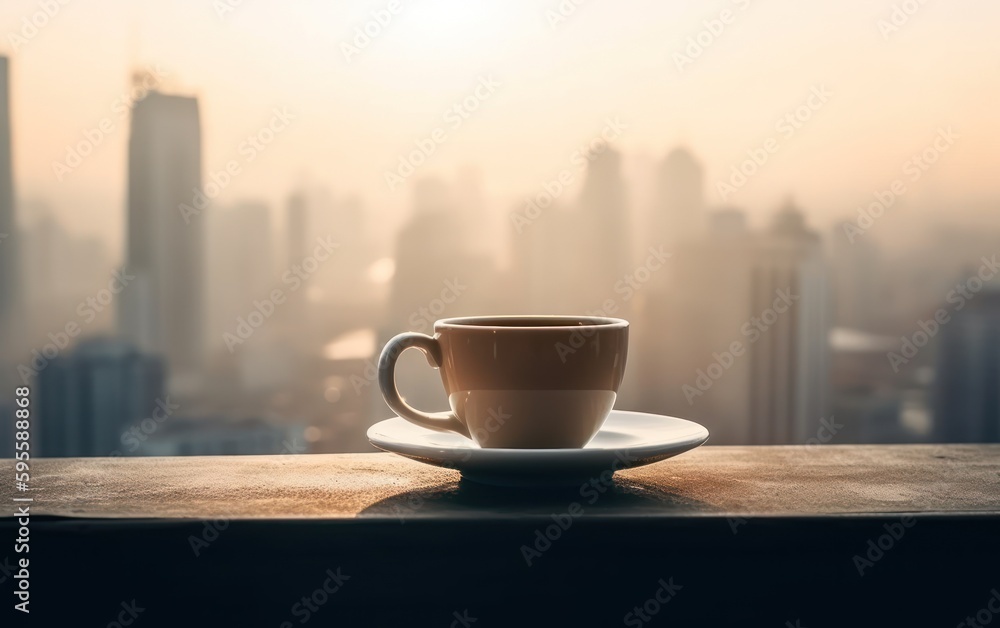 Hot coffee cup beverage at the top of a skyscraper building with city skylline background