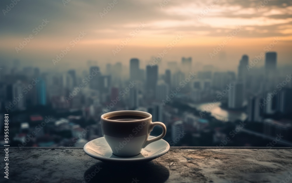 Hot coffee cup beverage at the top of a skyscraper building with city skylline background