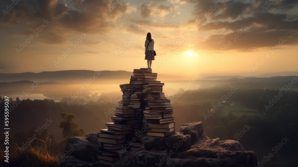 A child standing among many books against the background of sunset. Generative AI