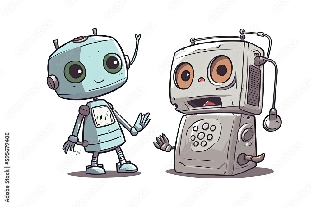 Illustration of two robots standing side by side. Generative AI