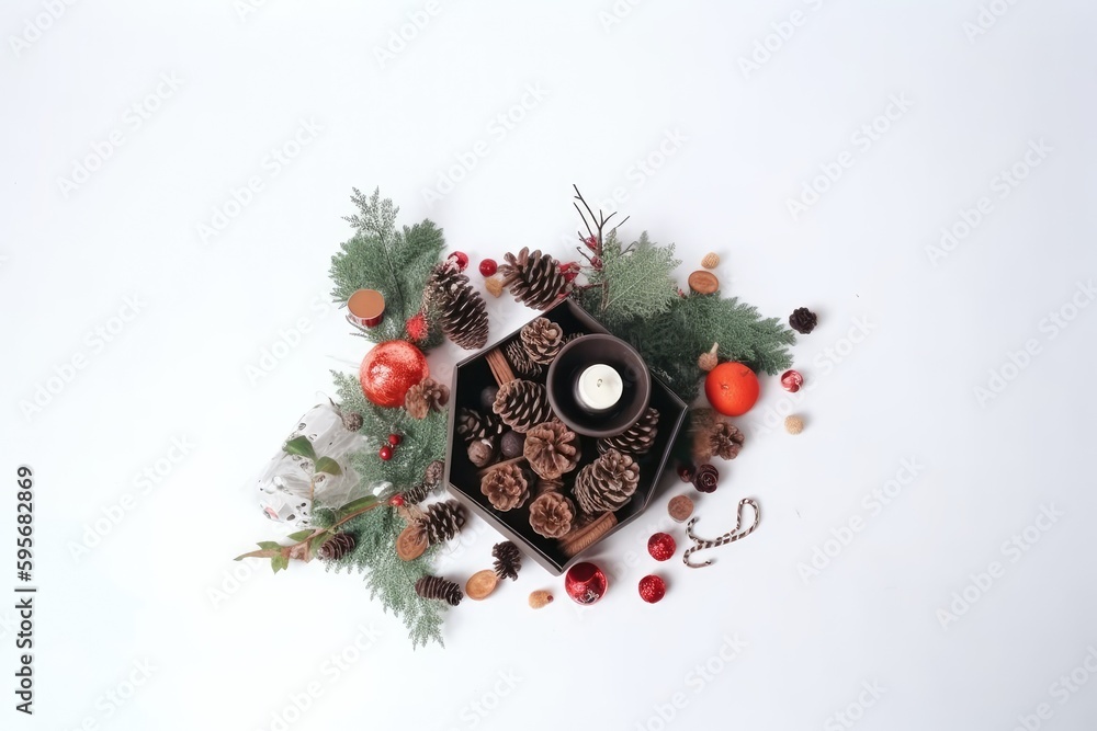 rustic winter centerpiece featuring pine cones, berries, and a candle on a tray. Generative AI