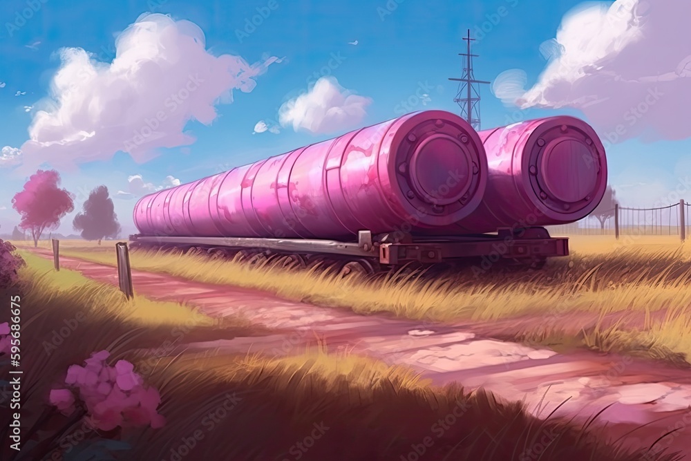 train transporting oversized pink barrels. Generative AI