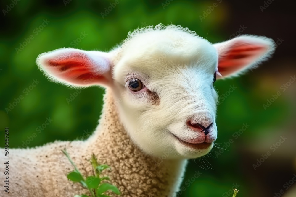 close-up view of a fluffy sheep with a blurred background. Generative AI